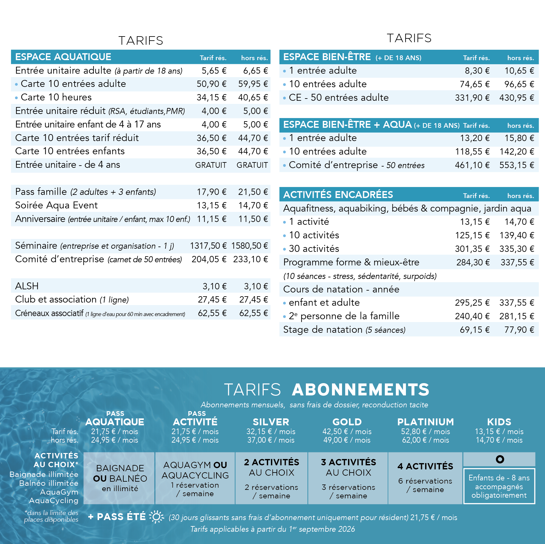 TARIFS SEPT 2026